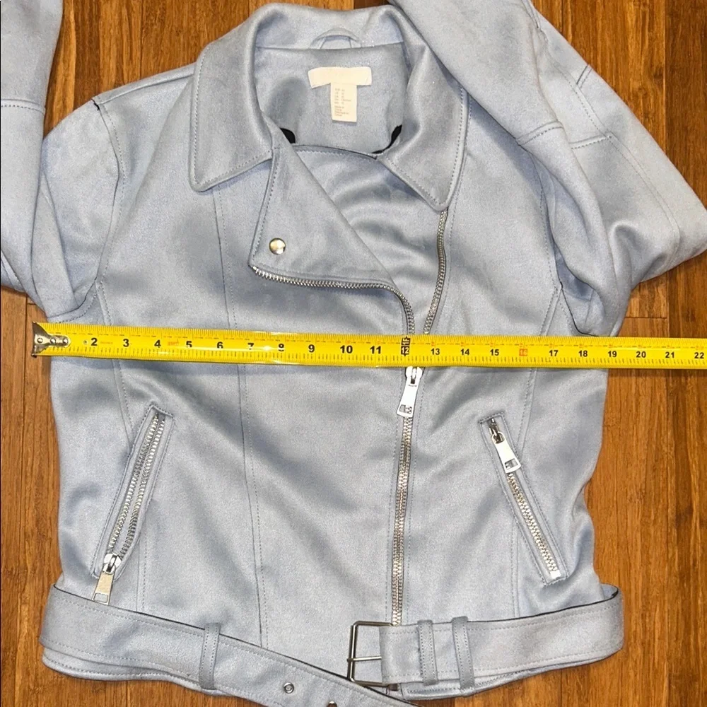 H&M Girls Size 12 Light Blue Faux Leather Moto Biker Jacket Belted